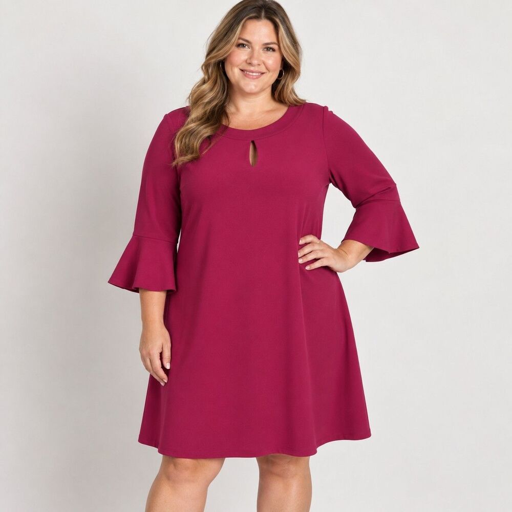 MSK Women’s Size 18 Magenta Pink Bell Sleeve A-Line Dress Keyhole Stretch